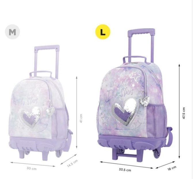 MORRAL TOTTO RUEDAS BOMPER SHINY HEART - TALLA L - LILA