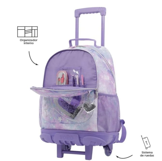 MORRAL TOTTO RUEDAS BOMPER SHINY HEART - TALLA L - LILA