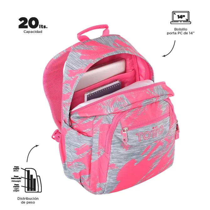 MORRAL TOTTO ACUARELA JUVENIL PORTA PC 14" - TALLA L - ROSADO