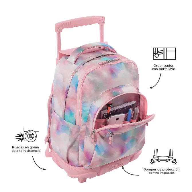 MORRAL TOTTO RUEDAS RENGLON GLITTER - TALLA L - ROSADO