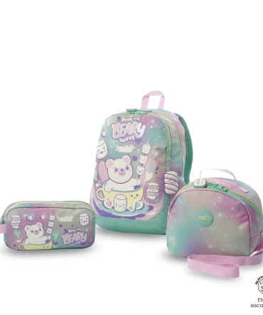 COMBO TOTTO MELLOW - TALLA M - GRIS- MORRAL + LONCHERA + CARTUCHERA