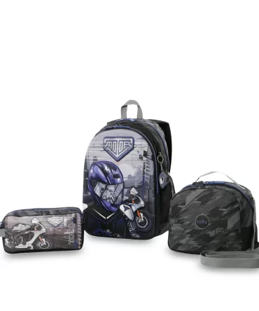 COMBO TOTTO HELMET RACER - TALLA M - NEGRO- MORRAL + LONCHERA + CARTUCHERA