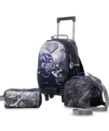 COMBO TOTTO RUEDAS HELMET RACER - TALLA M - NEGRO- MORRAL + LONCHERA + CARTUCHERA